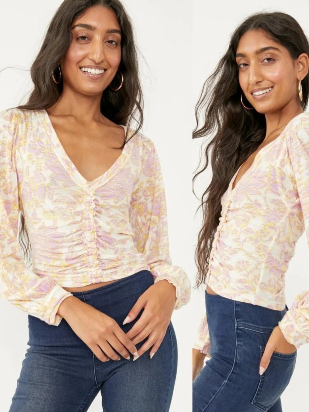 Free People Say The Word Floral Print Cropped Long Sleeve V Neck Top